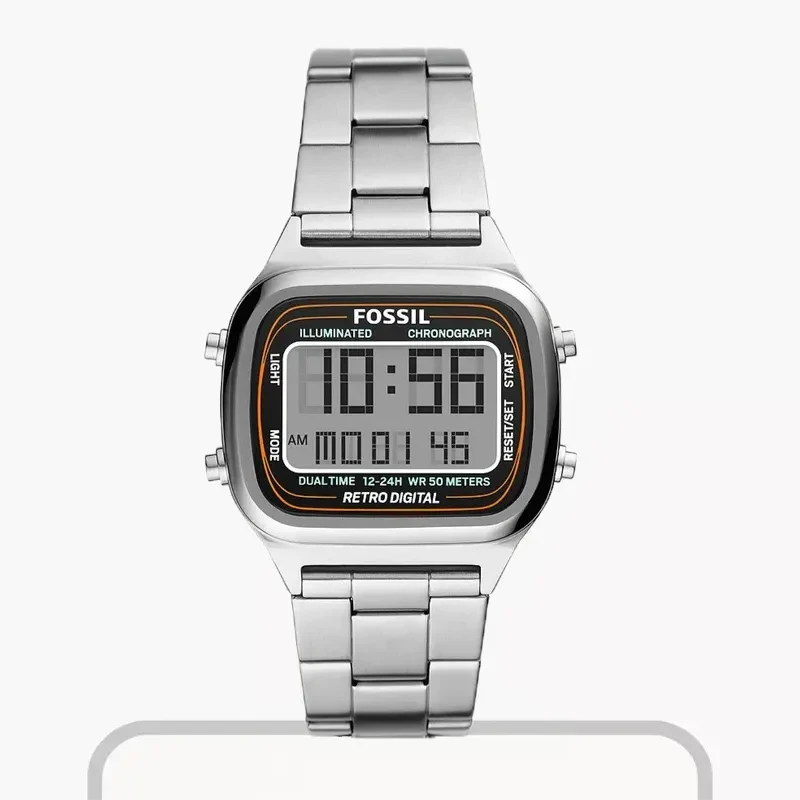 Fossil Retro Digital Silver-Tone Stainless Steel Men's Watch- FS5844